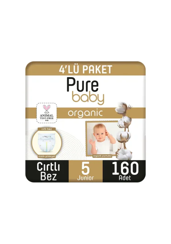Pure Baby Organik Pamuklu Cırtlı Bez 4'lü Paket 5 Numara Junior 160 Adet